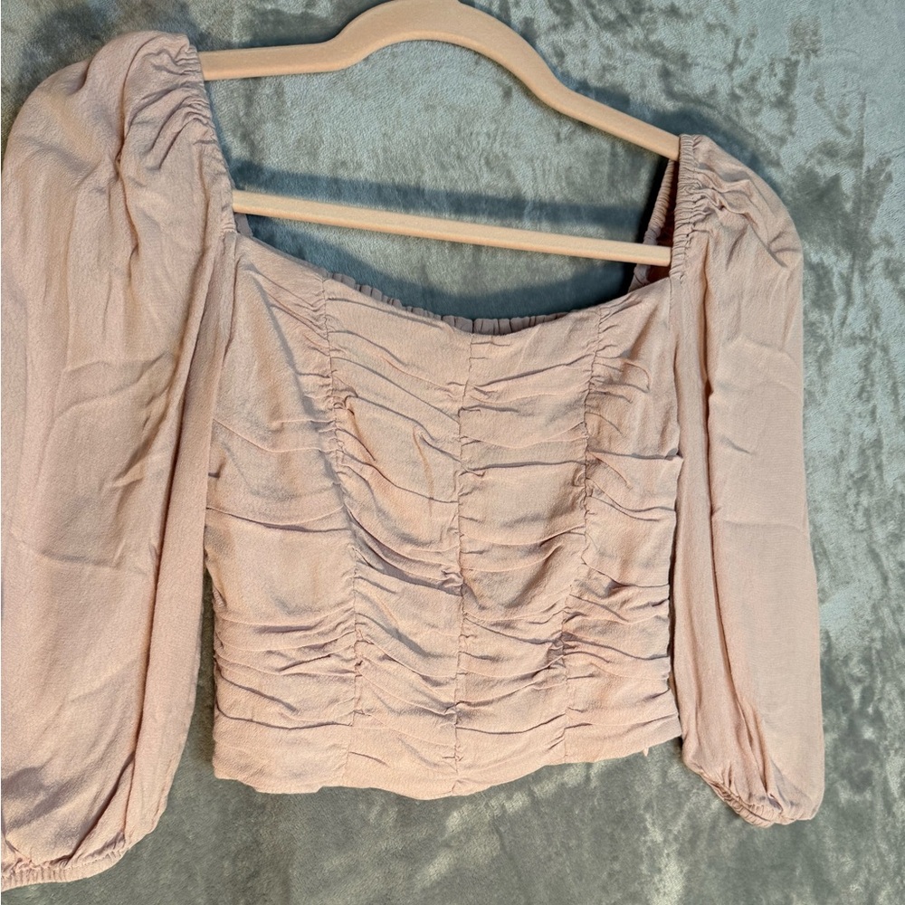 Ruched Y2K Puff-Sleeve Crop Top in Blush Pink Side Zip Peasant Festival